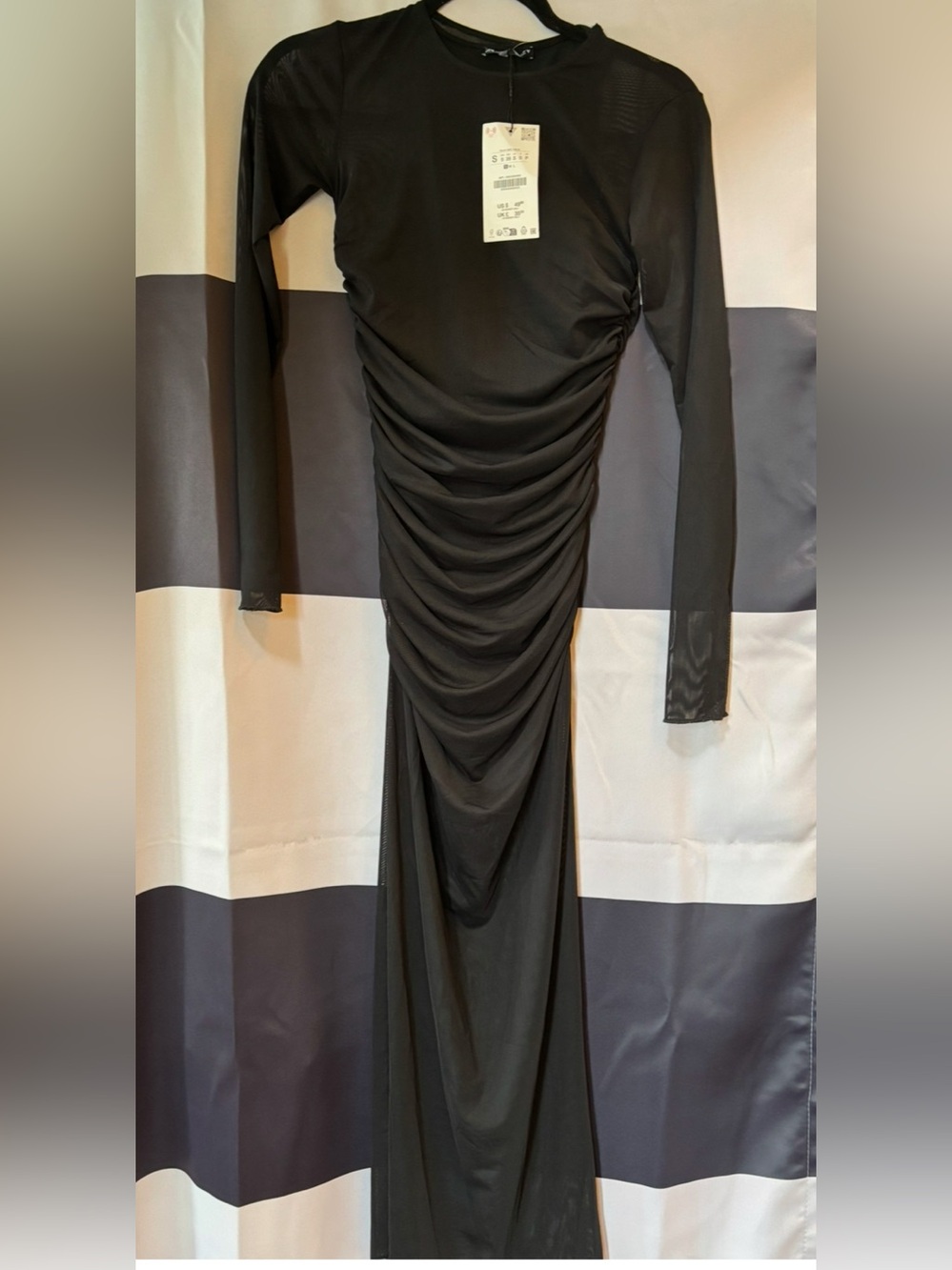 Zara Black Long-Sleeve Ruched Sheer Dress with bottomless bodysuit underneath